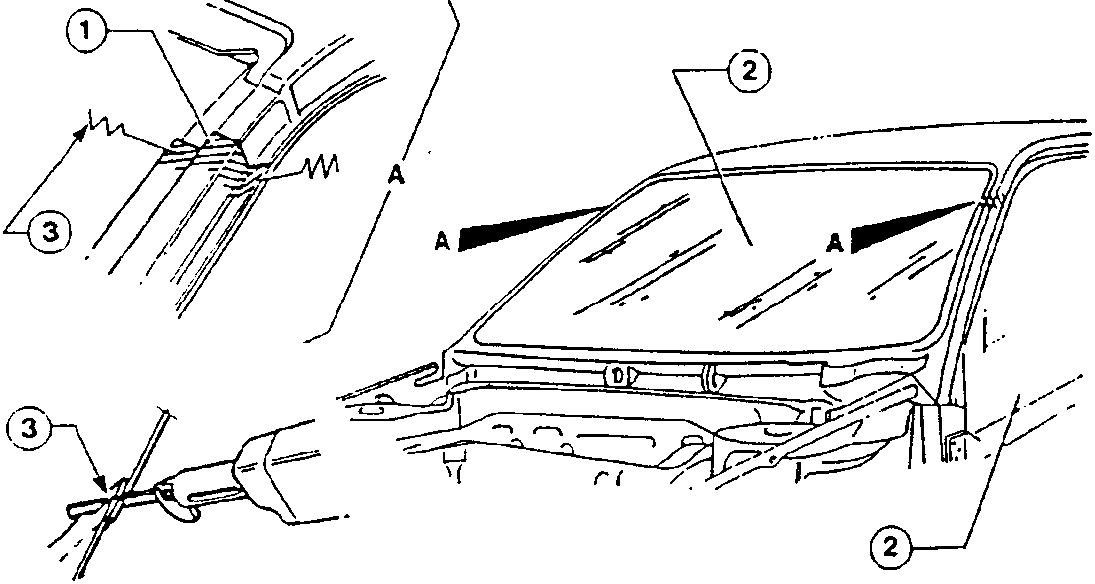 Diagram showing windscreen frame positioning and welding points.