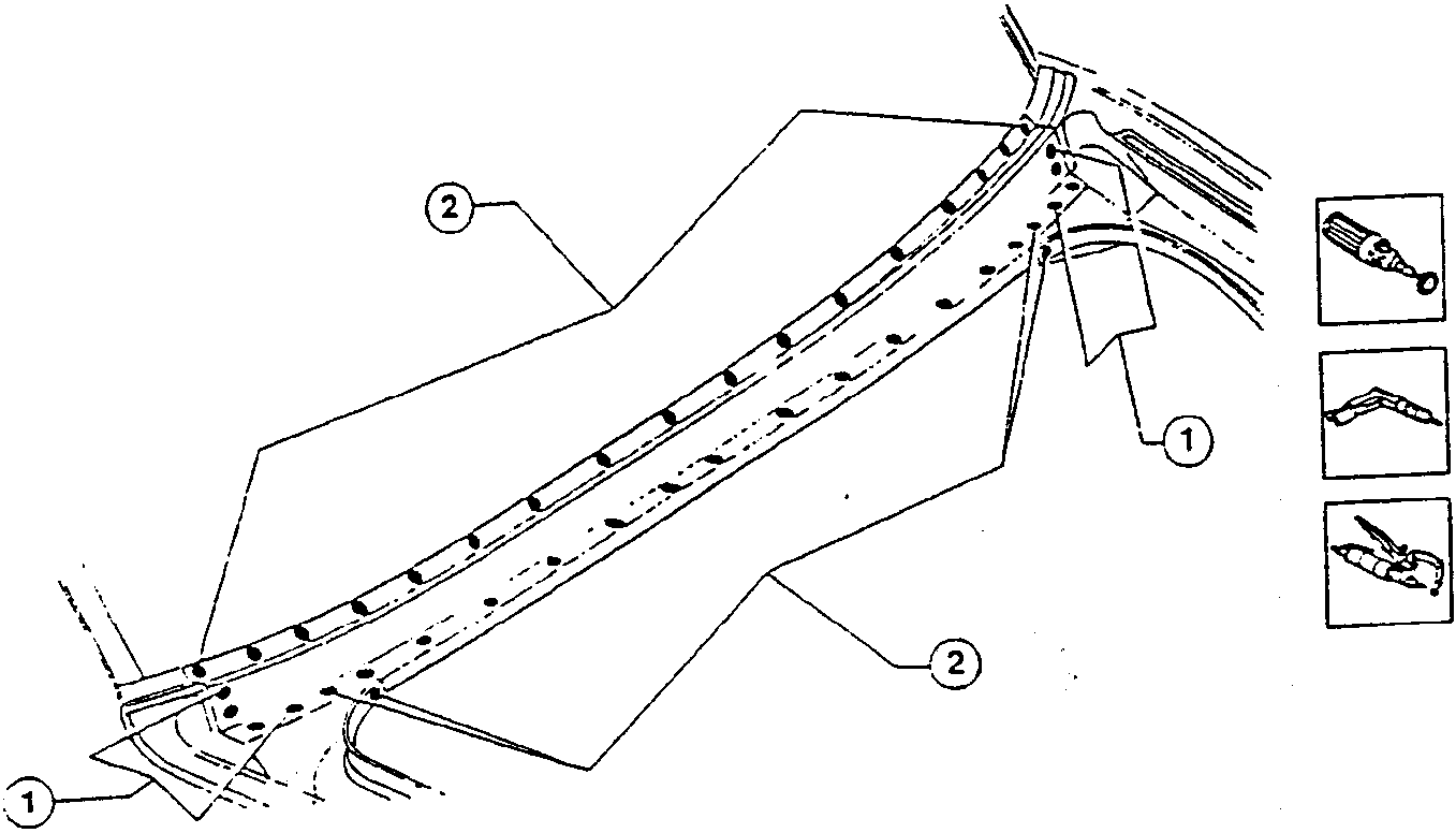 Diagram showing welds along a crossmember with callouts 1 and 2. Tools shown on right: drill, chamfering machine, and another tool.