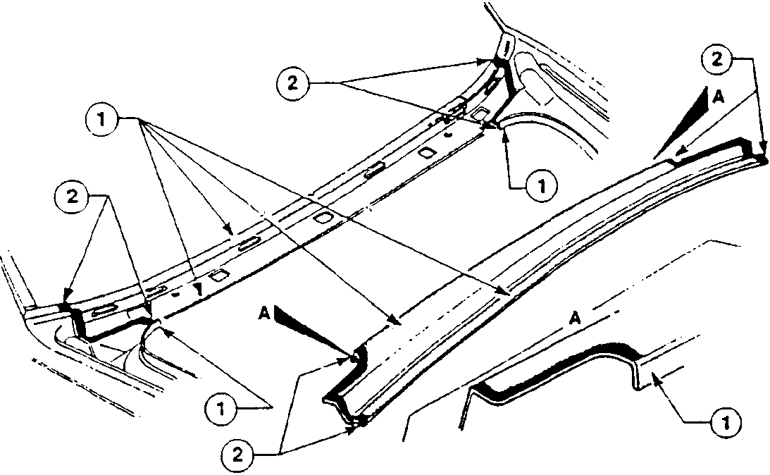 Diagram showing cross-member positioning with parts labeled 1 and 2, and areas marked A for rust-proofing application.