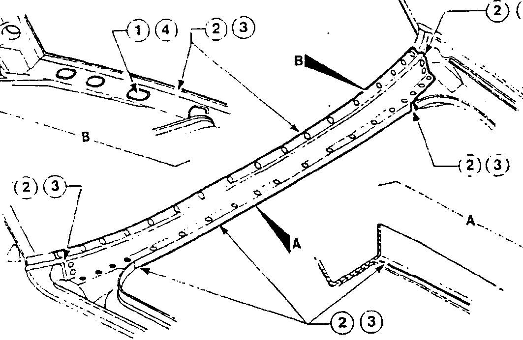 Illustration showing areas for Type B rust-proofing and protection, with labels A, B, and numbered callouts (1), (2), (3), (4).