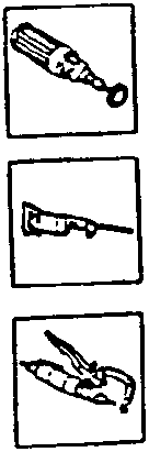 Three tools: drill, saw, and chisel