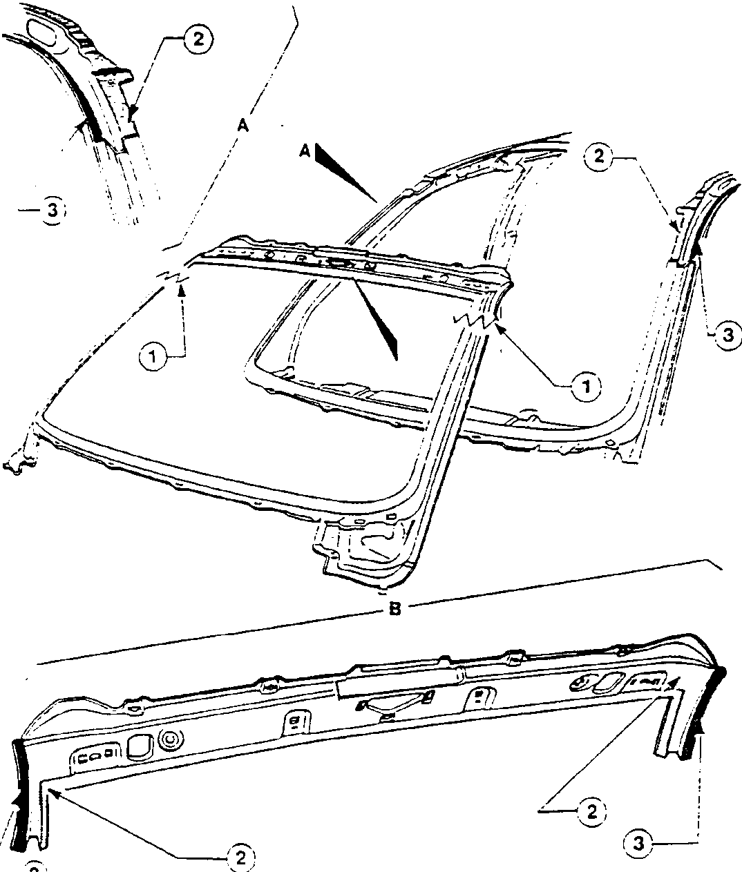 Diagram showing crossmember and roof panel with labeled parts 1, 2, and 3.