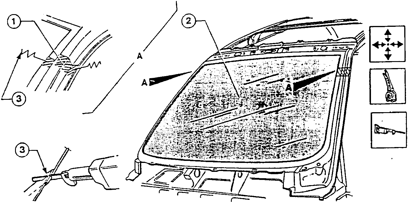 Illustration showing positioning of cross-member, window seating, and welding tools.