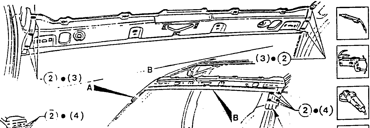 Illustration showing spot welding locations on the window frame and tools used.