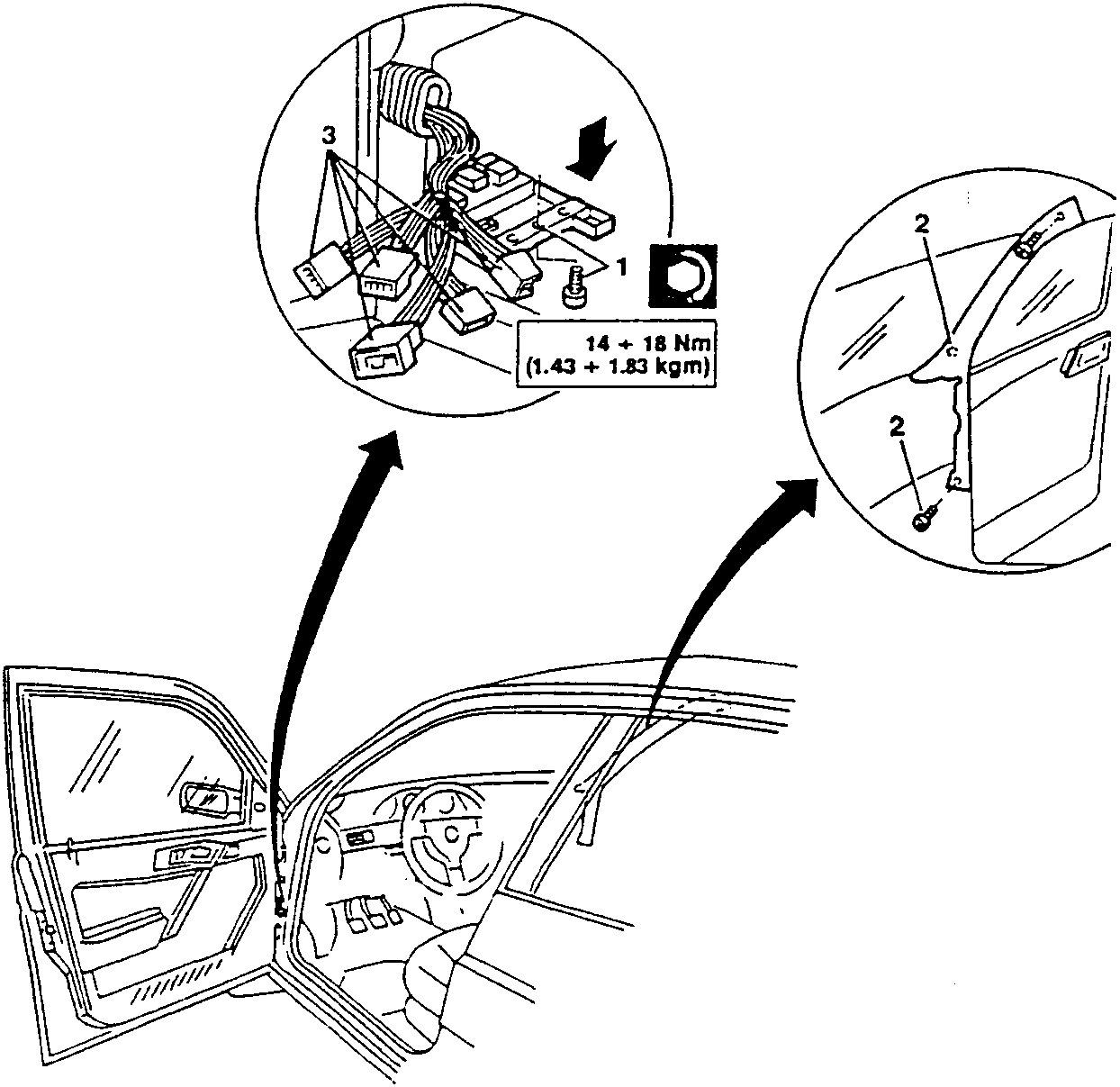Diagram showing door removal steps with torque specifications and part numbers 1, 2, and 3.