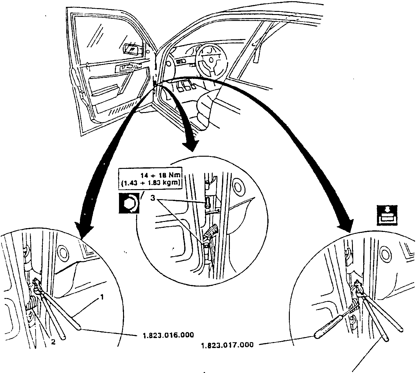 Diagram showing door removal and hinge pin extraction with tools 1.823.016.000 and 1.823.017.000, with torque specification 14 ÷ 18 Nm (1.43 ÷ 1.83 kgm) indicated