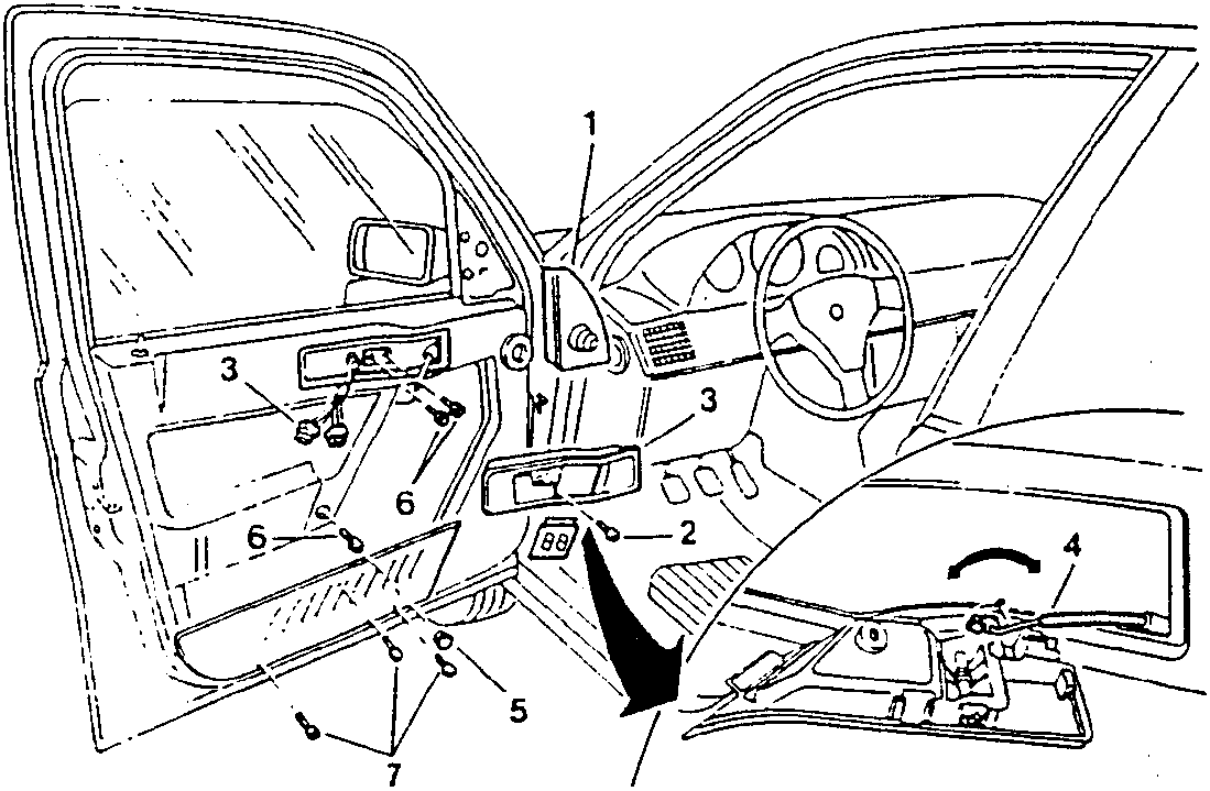Diagram showing interior of car door with numbered parts