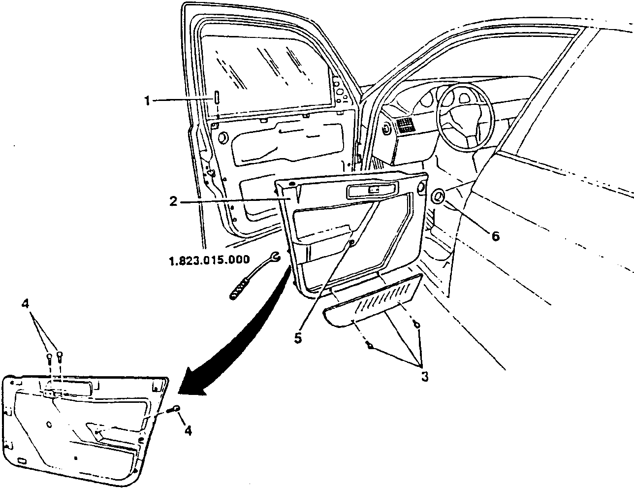 Diagram showing door panel removal with numbered parts and tool 1.823.015.000