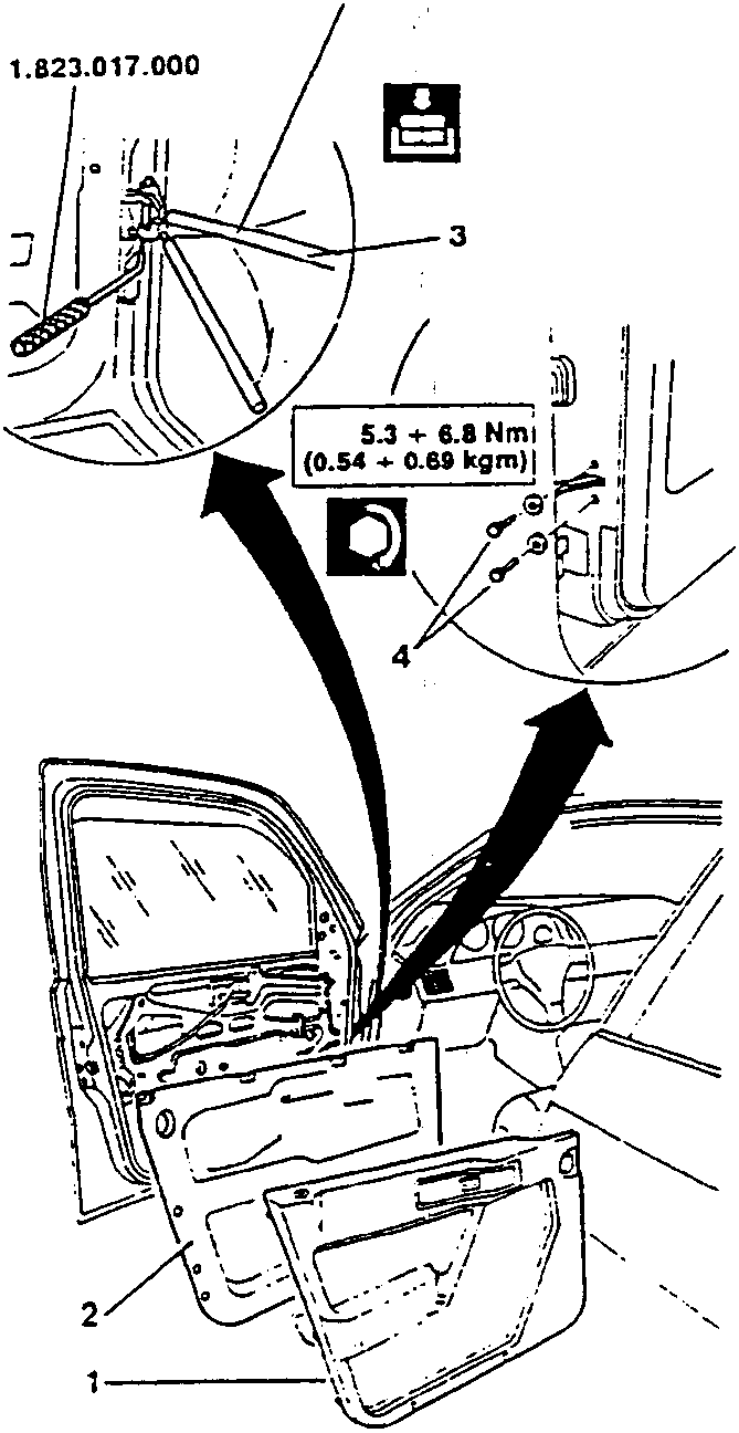 Diagram showing door check-strap removal with tools 1.823.016.000 and 1.823.017.000, torque specification 5.3 ÷ 6.8 Nm (0.54 ÷ 0.69 kgm), and door panel components labeled 1, 2, 3, 4