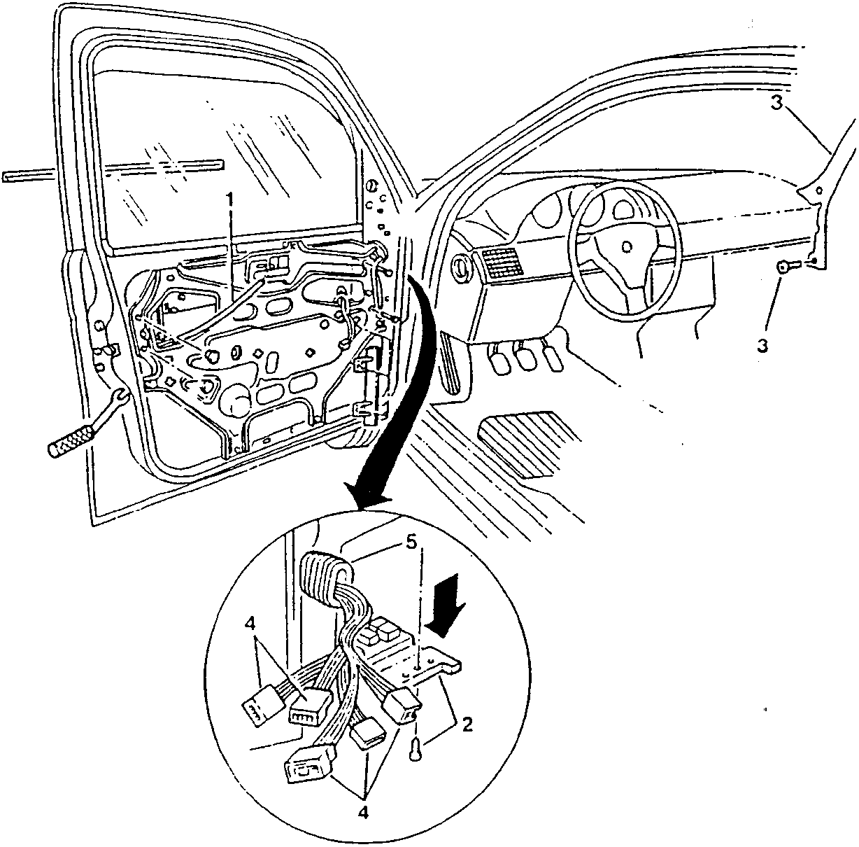 Diagram showing door frame removal steps with labeled parts 2, 3, 4, 5 and a downward arrow indicating disconnection of wiring.
