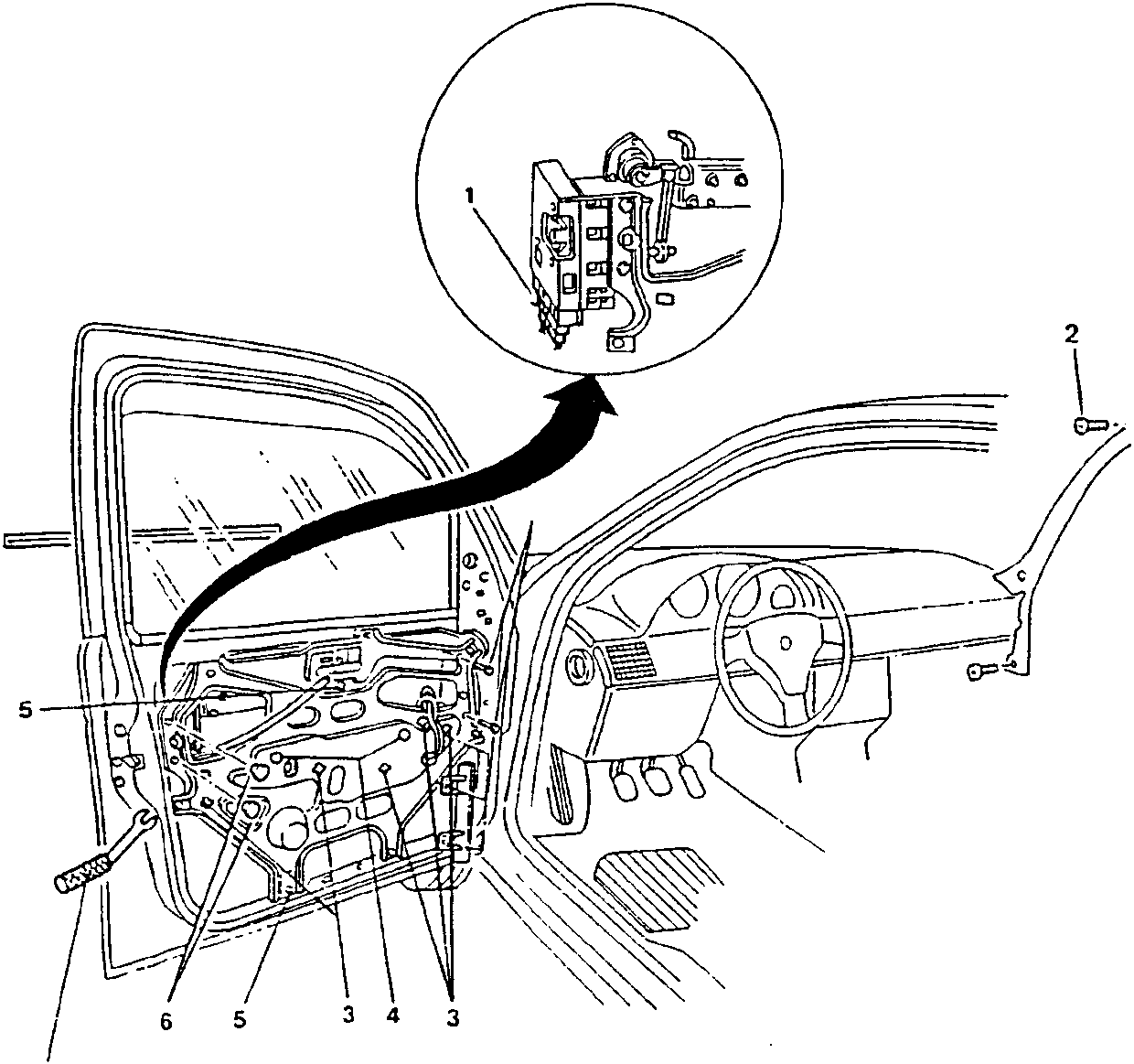 Diagram showing door interior with numbered parts and a close-up of the lock device