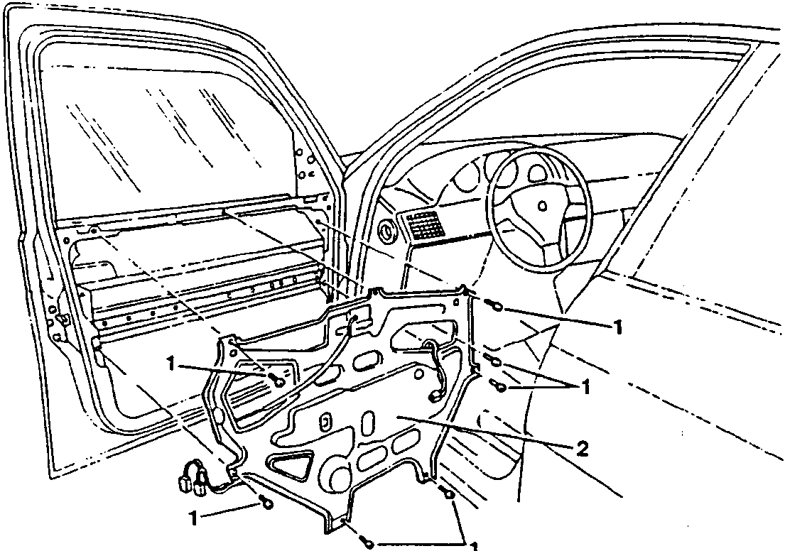 Diagram showing interior of car door with frame and window raising device, labeled with numbers 1 and 2.