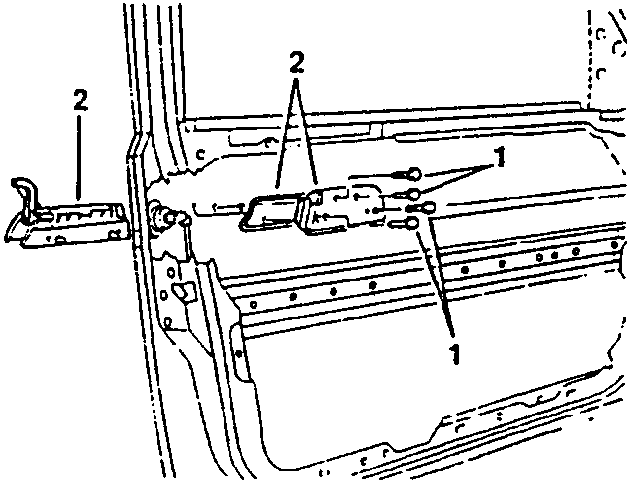 Diagram showing door handle removal with parts labeled 1 and 2