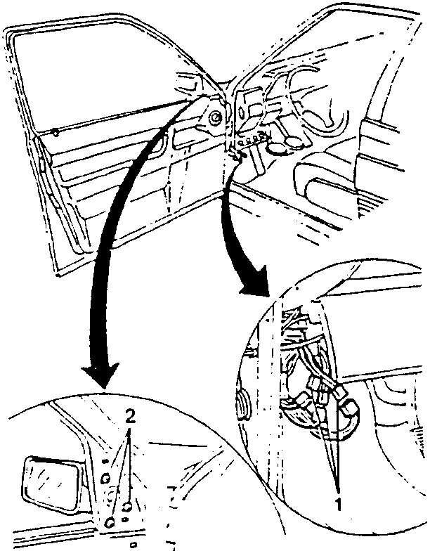 Diagram showing removal of electric door mirror, with arrows indicating disassembly steps and numbered parts 1 and 2.