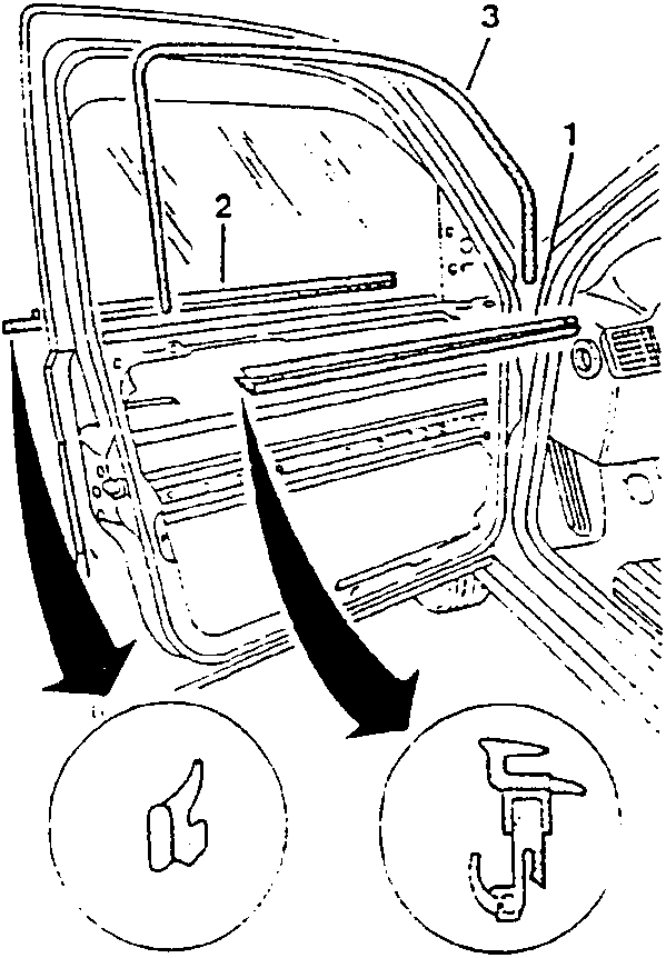 Diagram showing removal of window seals, with arrows indicating disassembly steps and numbered parts 1, 2, and 3.