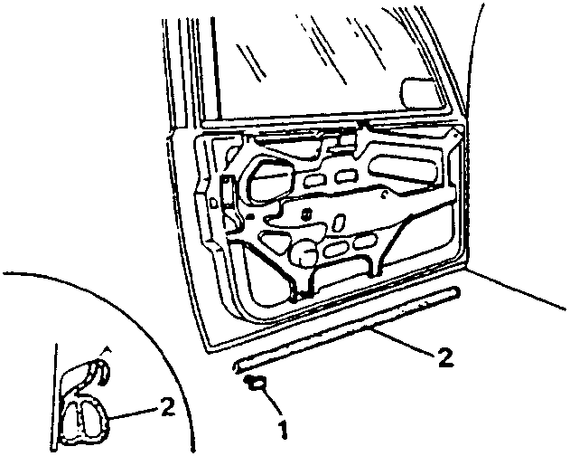 Diagram showing the lower door finishing strip with parts labeled 1 and 2.