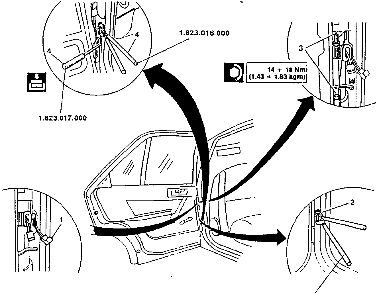 Diagram showing tools 1.823.016.000 and 1.823.017.000 being used on door hinges and check-strap, with arrows indicating movement and torque specification 14 ÷ 18 Nm (1.43 ÷ 1.83 kgm).