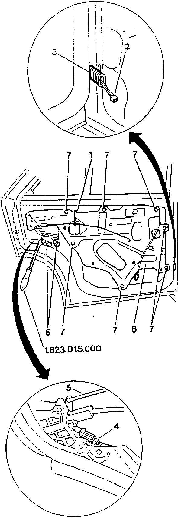 Diagram showing door frame removal with numbered parts and tool 1.823.015.000