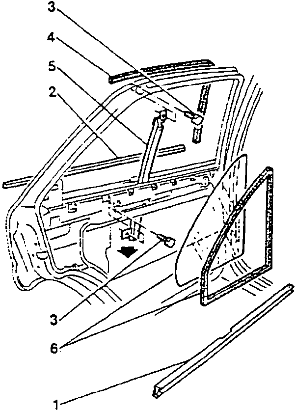 Diagram showing door panel removal with labeled parts 1 through 6.
