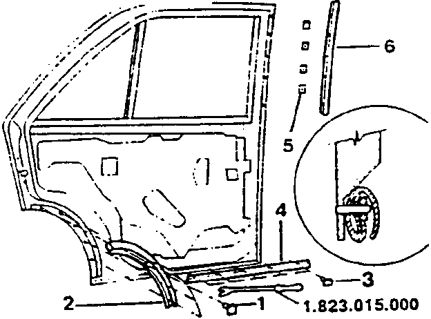 Diagram showing lower door finishing strip removal with labeled parts 1 through 6 and tool 1.823.015.000 shown in inset.