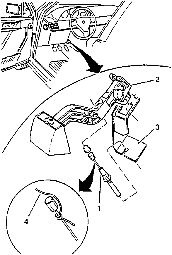 Close-up of bonnet release control cable end with thread tied