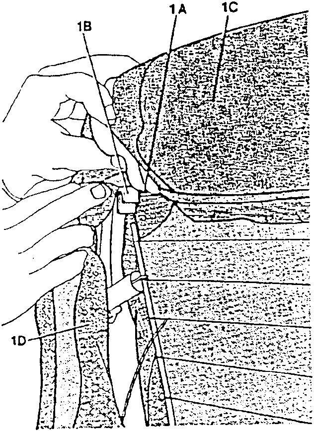 Hand disconnecting rear tensioning bar (A) from retaining hook (B), withdrawing covering (C) and synthetic material (D).