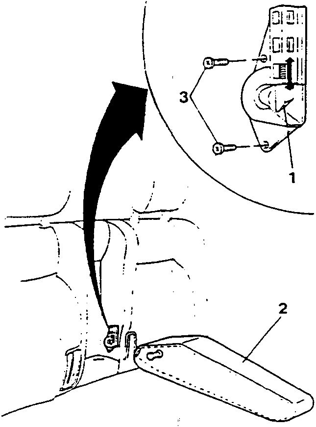 Diagram showing disengagement of a seat bracket with numbered parts 1, 2, and 3. Part 3 is shown being pulled away from part 1 by an arrow indicating motion.