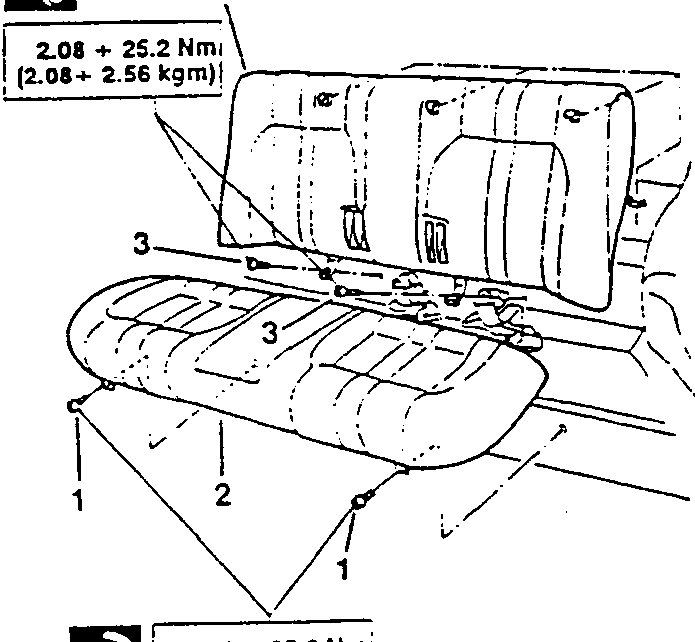 Diagram showing a rear seat with numbered parts 1, 2, and 3. Part 4 is labeled as torque specification: 2.08 ÷ 25.2 Nm (2.08+ 2.56 kgm).