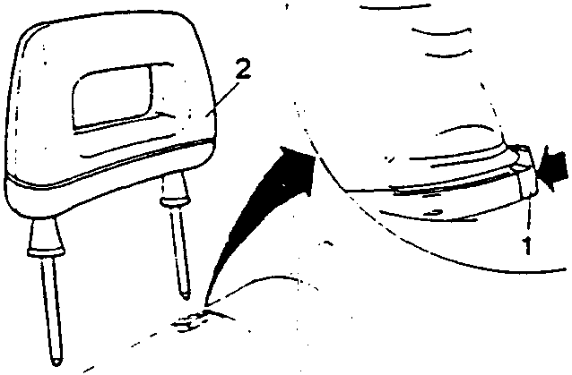 Diagram showing a headrest being disengaged from its mounting. Part 1 is shown as the base mount and part 2 as the headrest itself with an arrow indicating movement.