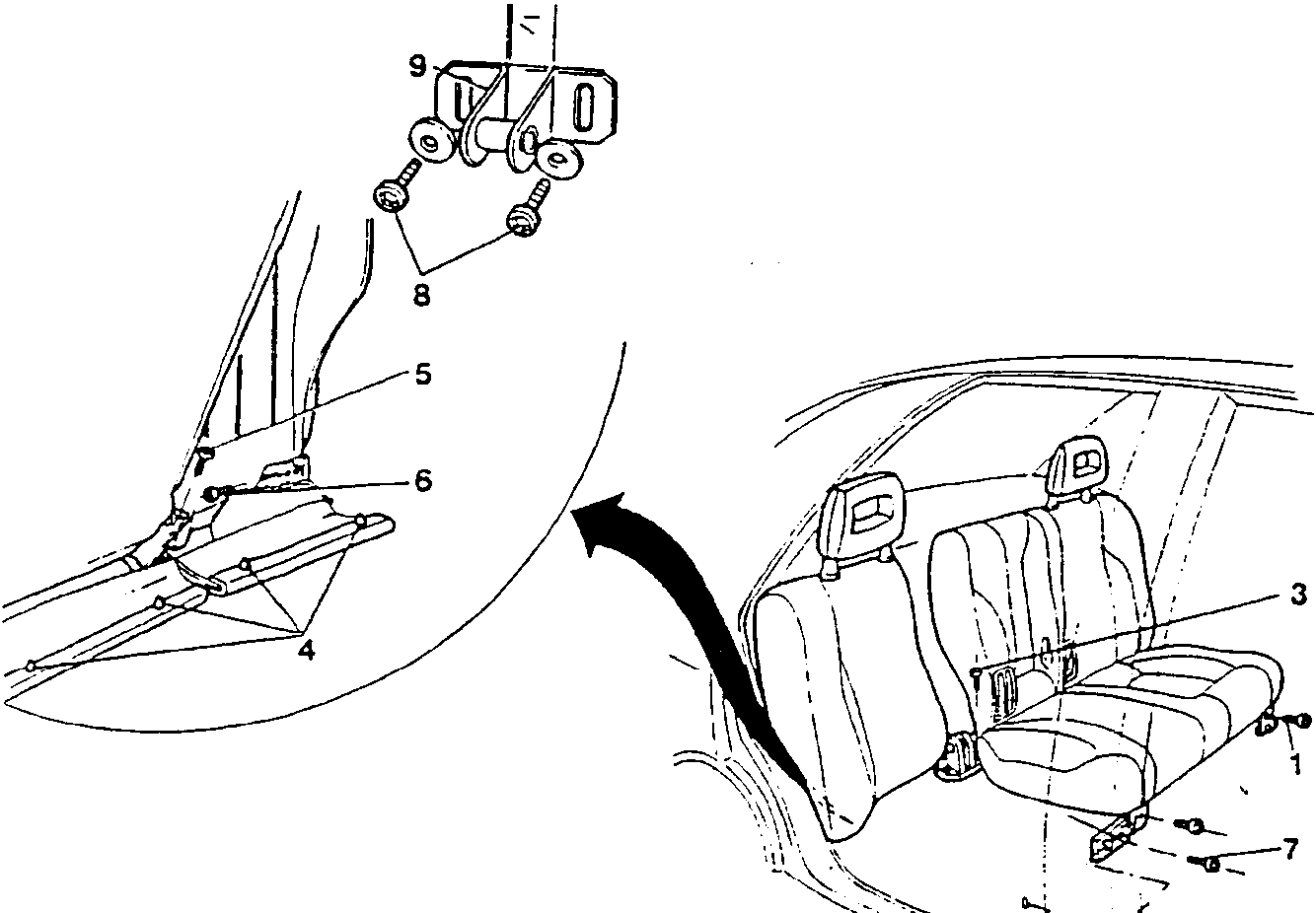 Diagram showing rear seat hinges and platform connections with numbered parts 1 through 9.