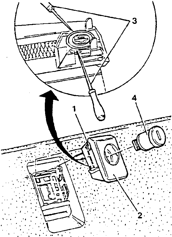 Glovebox lid lock with labeled parts: 1. screwdriver, 2. lid lock, 3. handle, 4. retainer