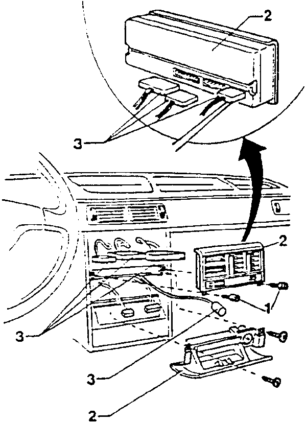 Diagram showing removal of cigar lighter/ashtray cover and pushbutton control unit with labeled parts 2, 3, and 1.