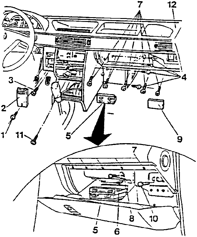 Diagram showing removal of dashboard components with labeled parts 1, 2, 3, 4, 5, 6, 7, 8, 9, 10, 11, and 12.