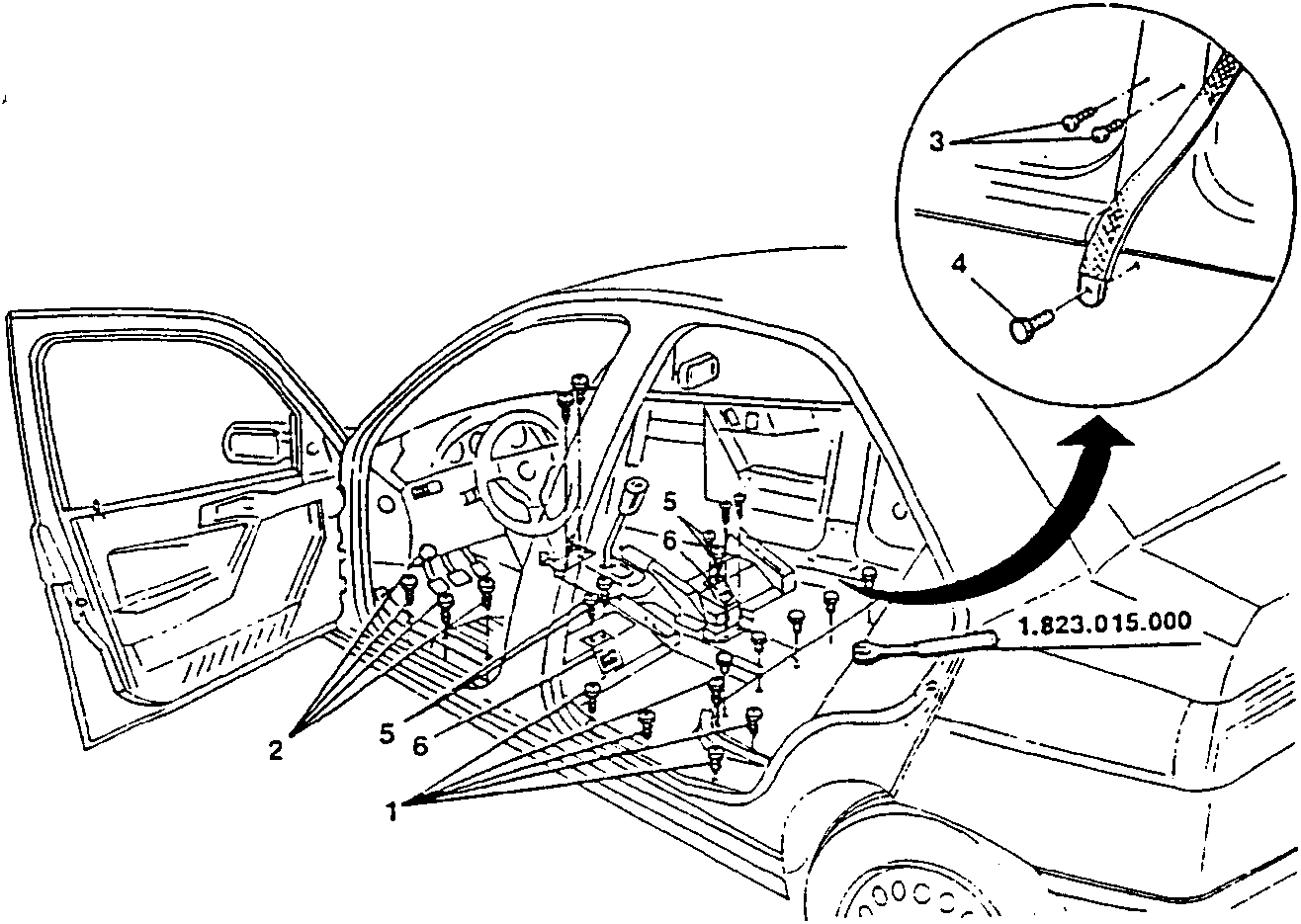 Diagram showing interior of car with numbered parts and a close-up of screws and a tool labeled 1.823.015.000