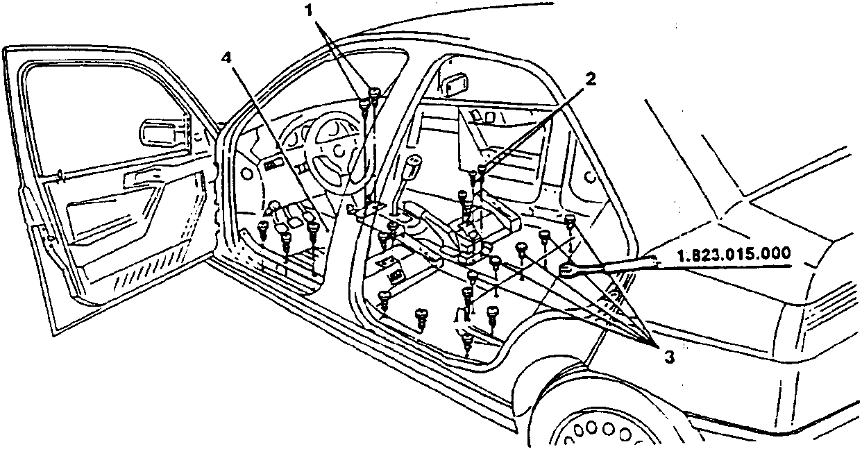 Interior trim removal diagram showing numbered components 1, 2, 3, 4 and tool 1.823.015.000