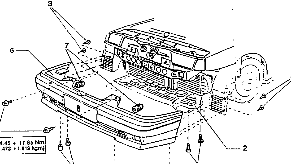 Front bumper assembly diagram with numbered parts and torque specifications