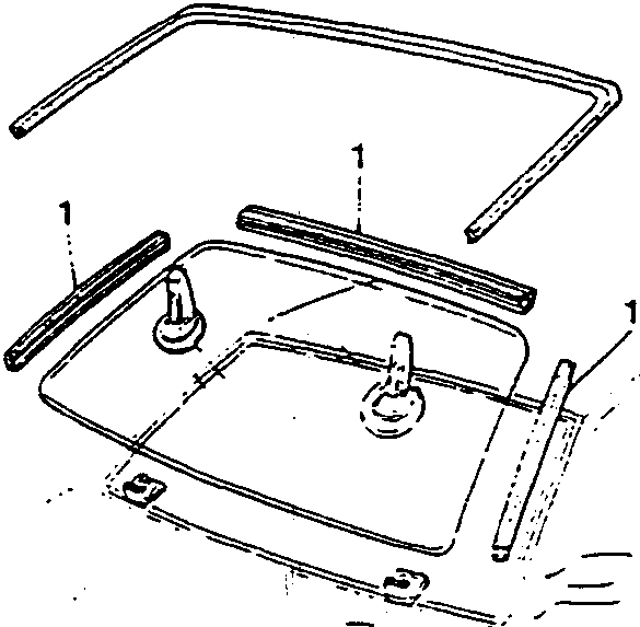 Windscreen refitting diagram showing shaped sections and bonding agent application