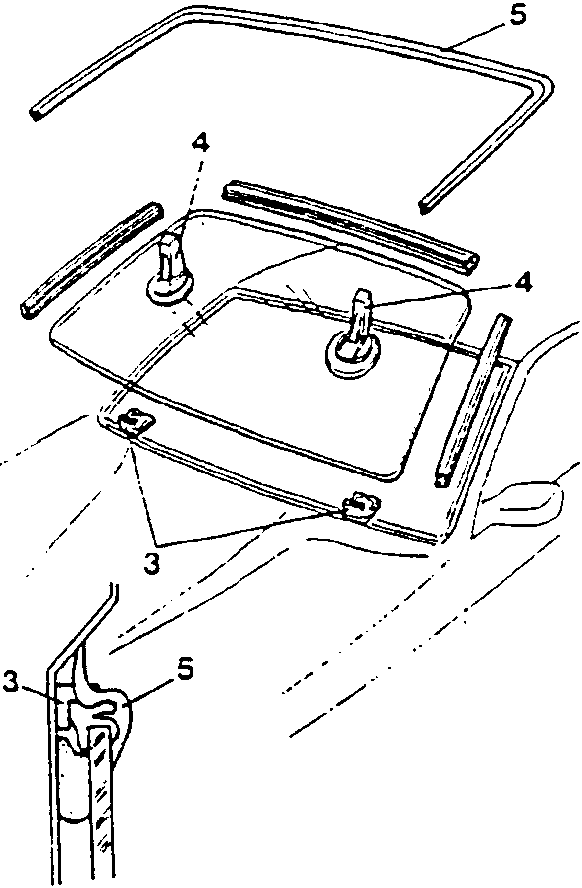 Diagram showing windscreen installation with spacers and mounting points