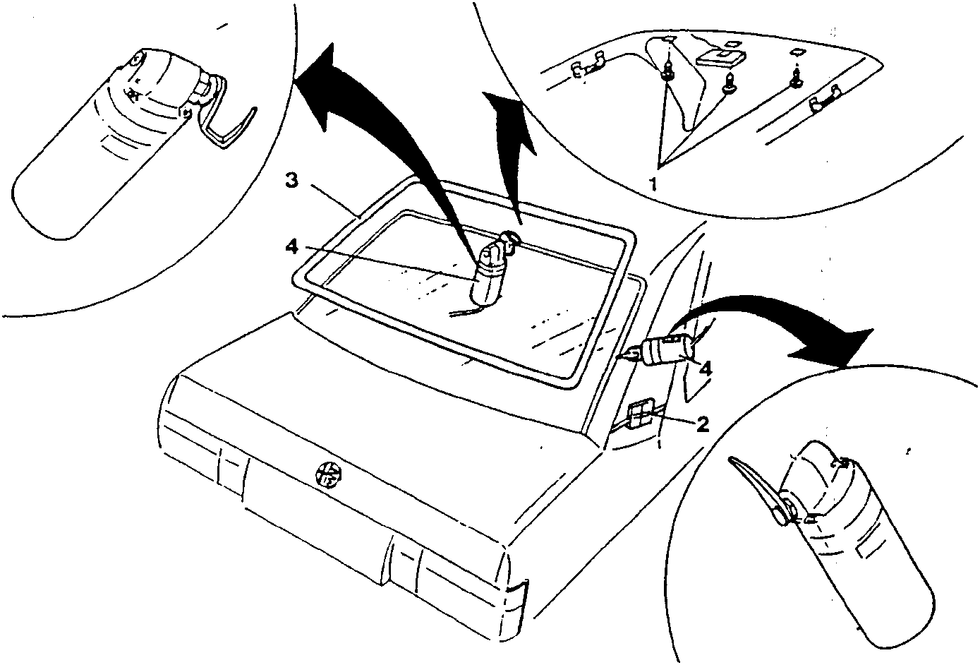 Diagram showing removal of rear windscreen with arrows indicating direction of movement and numbered parts 1, 2, 3, 4.