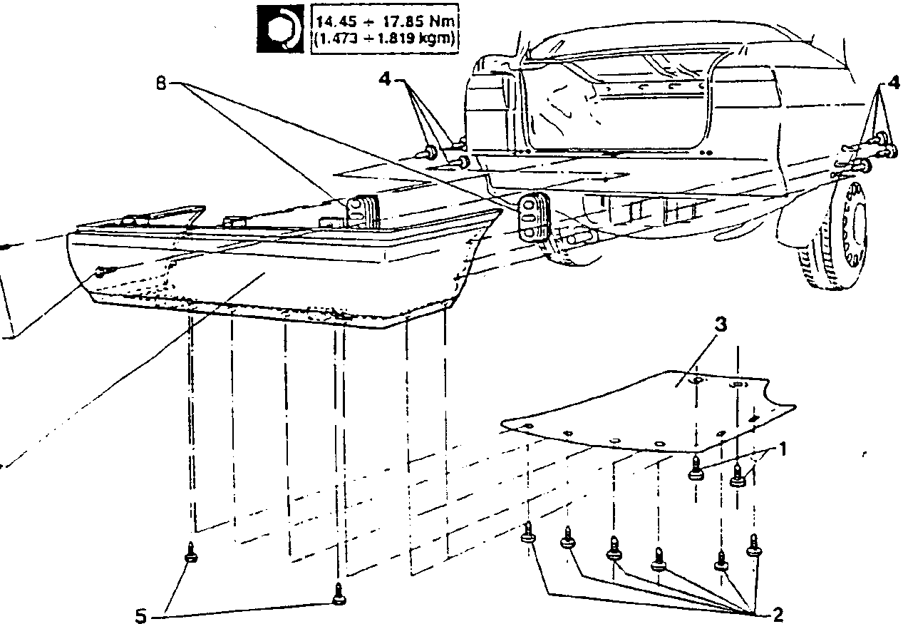 Rear bumper assembly diagram showing components 1 through 8 with torque specifications