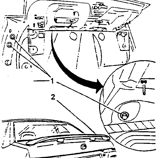 Diagram showing removal of spoiler with arrows indicating lowering boot lid and bolt locations