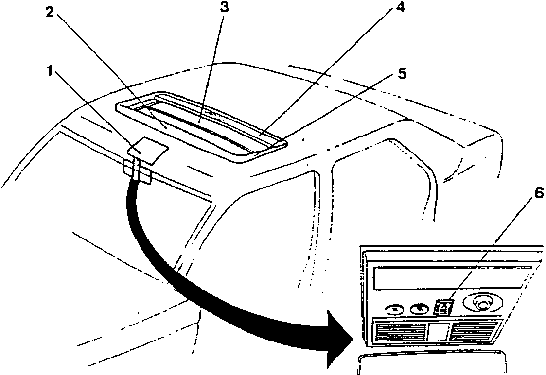 Diagram showing sunroof components: 1. Courtesy light panel, 2. Spoiler, 3. Inner trim, 4. External glass, 5. Frame, 6. Control button. A black arrow indicates operation direction from the control panel to the sunroof mechanism.