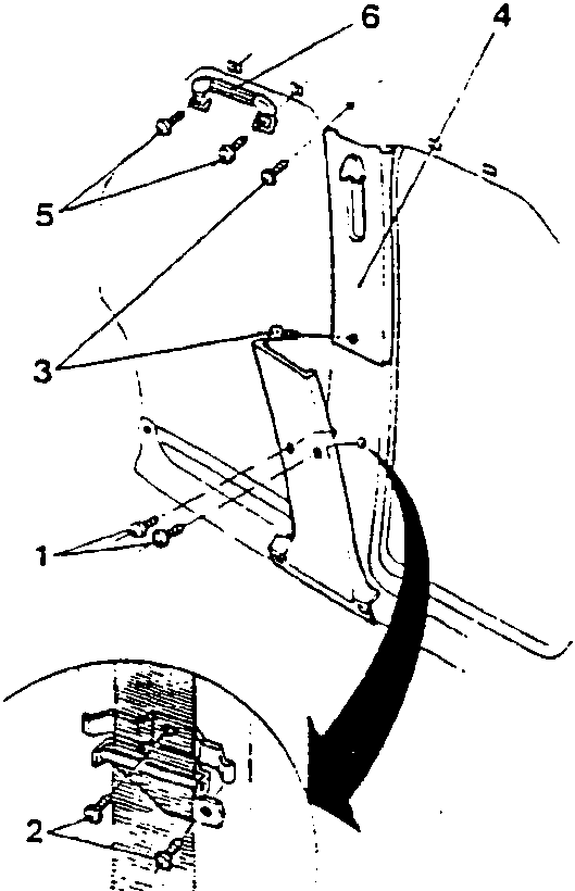 Diagram showing removal of central pillar trim and grab handle.