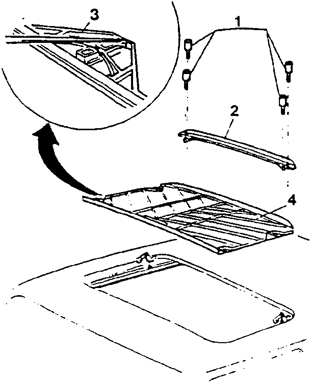 Diagram showing the sliding blind assembly with numbered parts 1, 2, 3, and 4. Part 1 is a cable, part 2 is a guide, part 3 is a retaining clip, and part 4 is the blind frame. A black arrow indicates the direction of movement for part 2.