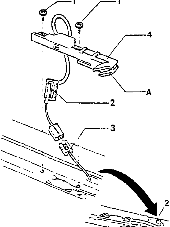 Diagram showing the stop limit microswitch assembly with numbered parts 1, 2, 3, and 4. Part 1 is a cable, part 2 is a guide, part 3 is a connector, and part 4 is the microswitch. A black arrow indicates the direction of movement for part 2.