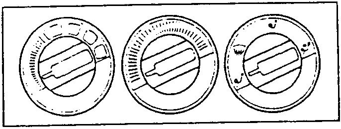 Three ideograms showing different air flow directions for the right-hand knob: leftmost shows air flowing to floor, middle shows air flowing to windshield and side windows, rightmost shows air flowing to front, central, and side outlets.