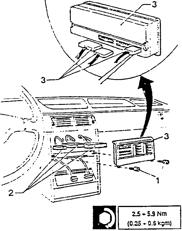 Diagram showing removal of electronic control unit with arrows indicating pull-out direction and screw locations. Torque specification box shown: 2.5 - 5.9 Nm (0.25 - 0.5 kgm).