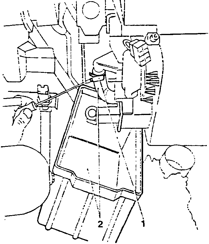 Diagram showing hands loosening a clamp on a hose connected to a radiator assembly, with parts labeled 1 and 2