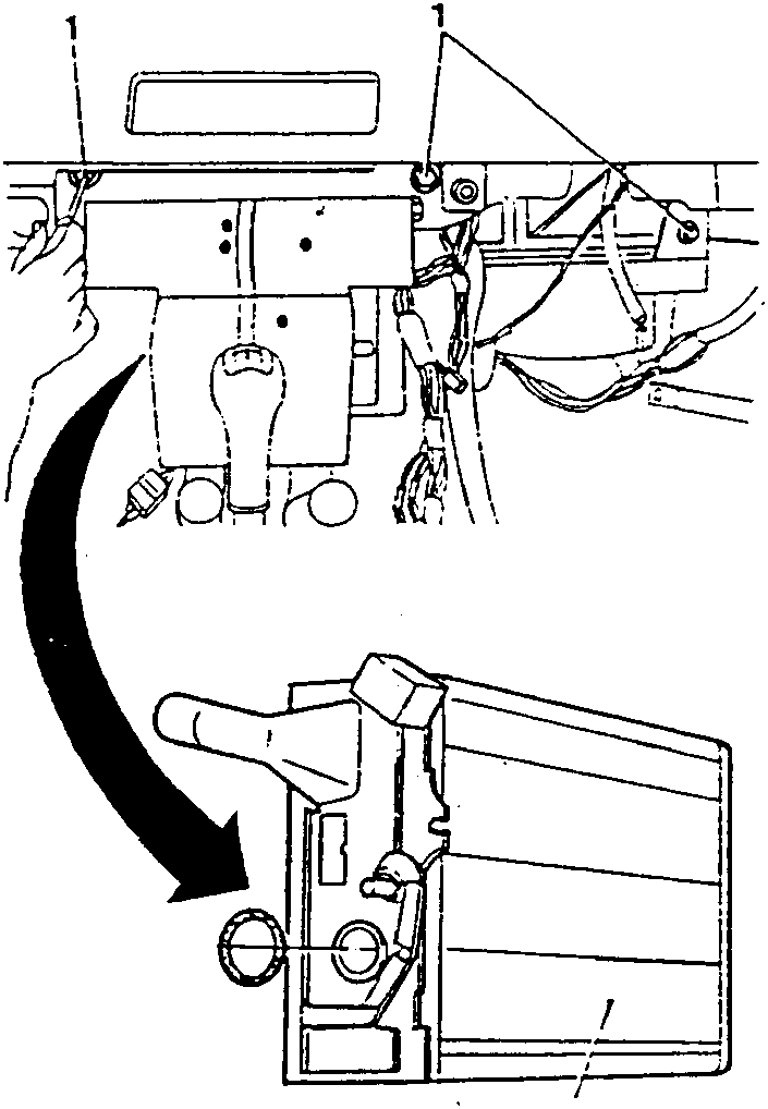 Diagram showing a large black arrow indicating downward movement of a unit, with parts labeled 1 and 2