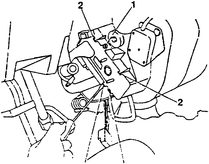 Diagram showing hands acting on tabs on a radiator assembly, with parts labeled 1 and 2
